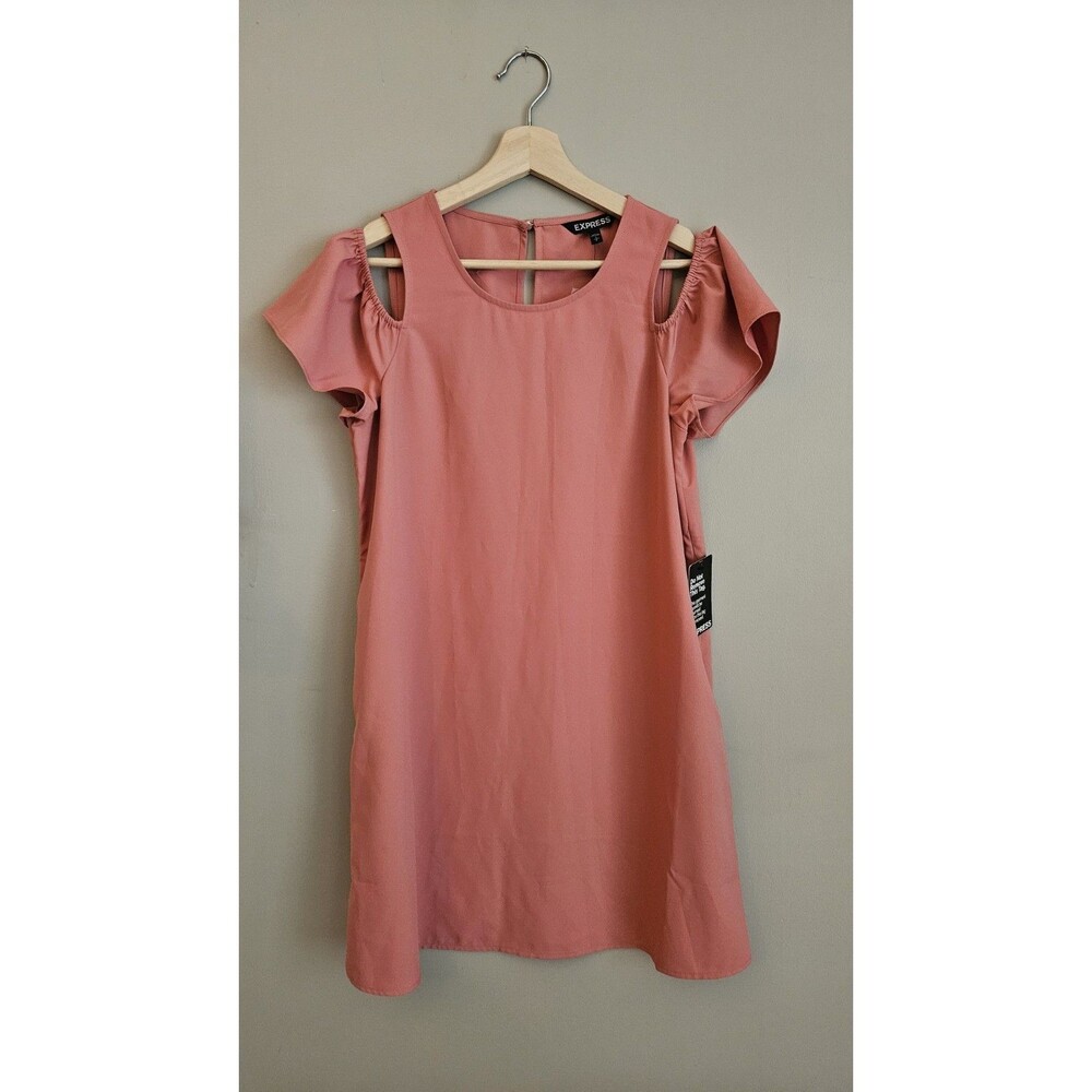 NWT Express Womens Small Mauve Rose Pink Cold Shoulder Flutter Sleeve Shift Dres